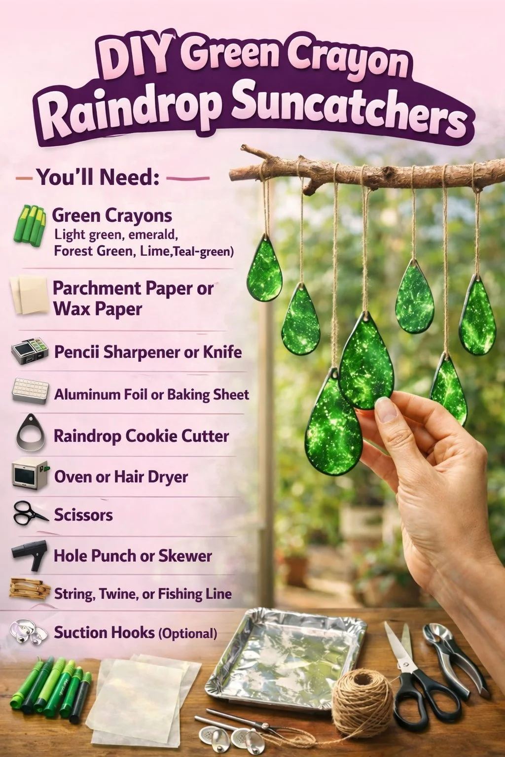 DIY Green Crayon Raindrop Suncatchers