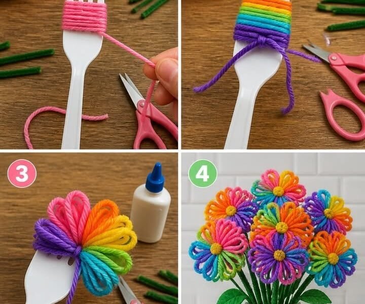 Rainbow Wool Flowers Become Cozy